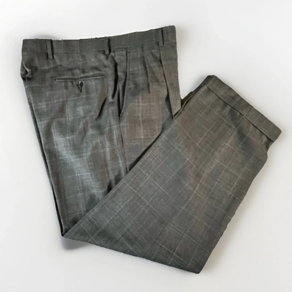 Hart Schaffner Marx Suit Mens 42L Grey Glen Plaid 2-Piece Pleated Cuffed USA